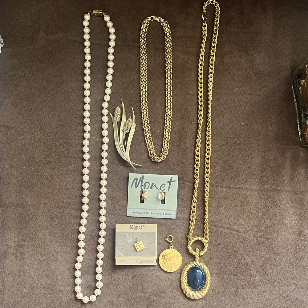 Monet Gold Necklace Set with Blue Pendant and Pearl Accents